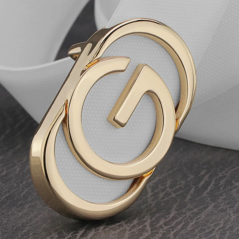 

Hot Sale White Belt Men's Luxury Designer Leather 3.3cm Wide Belt With Sliding Buckle G Letter Belt High Quality