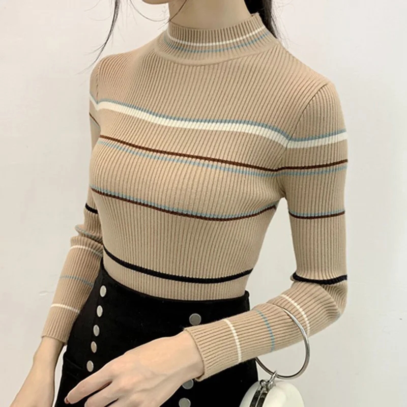 Lucyever 2019 Half Turtleneck Striped Sweater Women Fashion Mixed Color Knitted Pullover Woman Fall Winter Slim Wild Tops Femme | Женская
