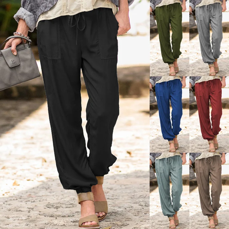 

Women's fashion summer new style lace-up trousers solid color stretch drawstring pocket casual pants sweat pants women 2021
