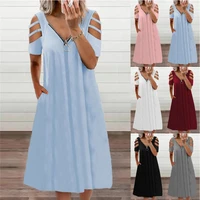 2021 summer europe and the united states new sexy v led zipper short sleeved dress fashion hollow out design long loose dress
