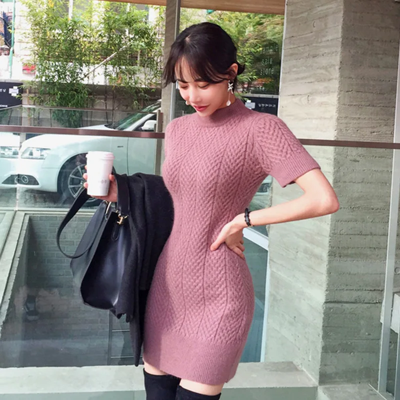 

BacklakeGirls 2020 Vintage High Neck Short Sleeve Women Short Sweater Dress Elastic Elegant Blue Pink Knitting Dress Vestidos