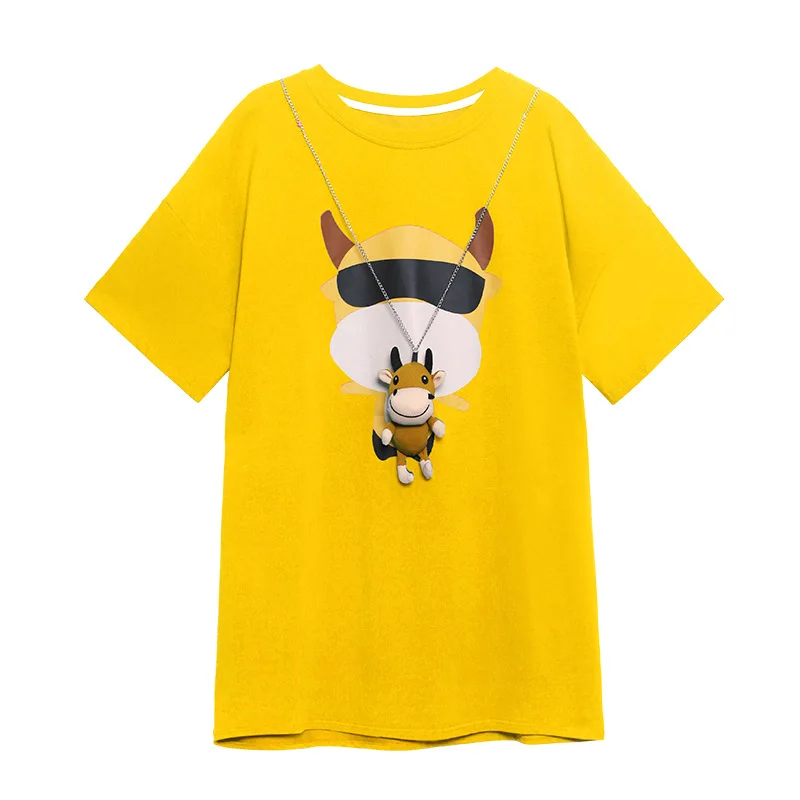 

QING MO Black Green Yellow Women Casual T Shirt 2021 Women Cattle Printed T Shirt Female Oversized T Shirt ZQY6701