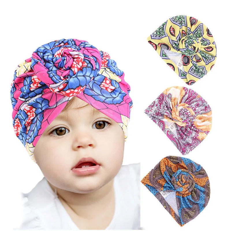 

Child India Turban With Round Ball Baby Flower Printed Soft Headgear Newborn Beanie Top Knot Caps Kids Leopard Headscarf Cap