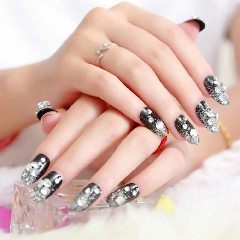 24 шт. Блестящий горный хрусталь накладные ногти прозрачный кружевной дизайн