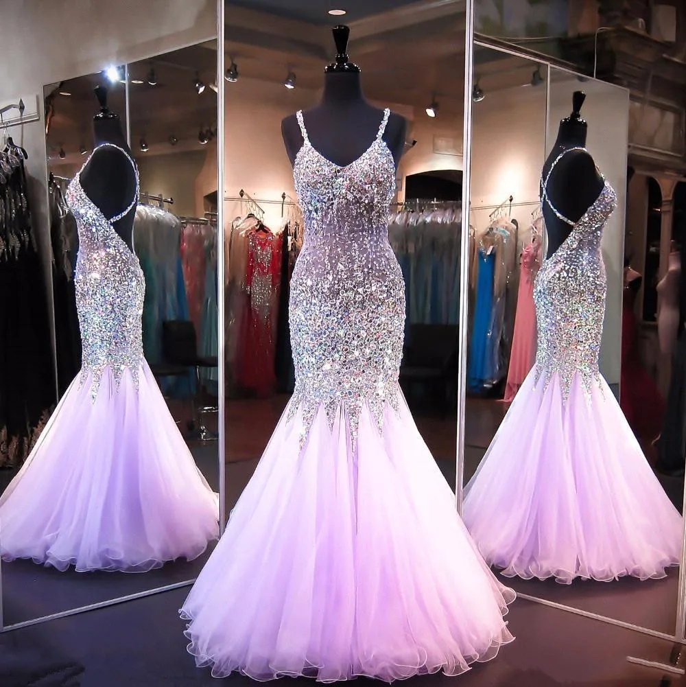 

Luxury Light Purple Mermaid Long Prom Dresses Beaded Crystal Criss Cross Straps Pageant Evening Gown Robes De Soirée Vestidos