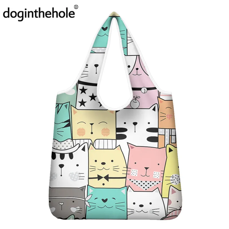 

Doginthehole Cute Cartoon Cats Family ECO Shopping Bags Animals Women Large Storage Shopper Sac For Grocery Foldable Handbags