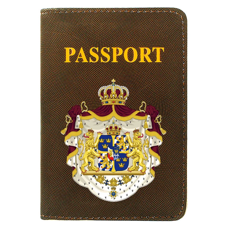 

High Quality Fashion The Kingdom of Sweden Emblem Printing Men Women Passport Cover Leather Travel Pocket Wallet Bags