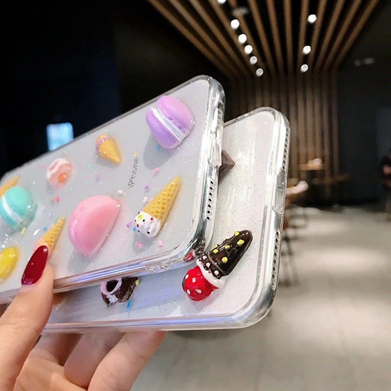 

3D Cute Ice Cream Clear Phone Case For iPhone 12Pro MAX 11 XS MAX XR 7 8Plus Lovely Macarons Cake Transparent Glitter Soft Cover