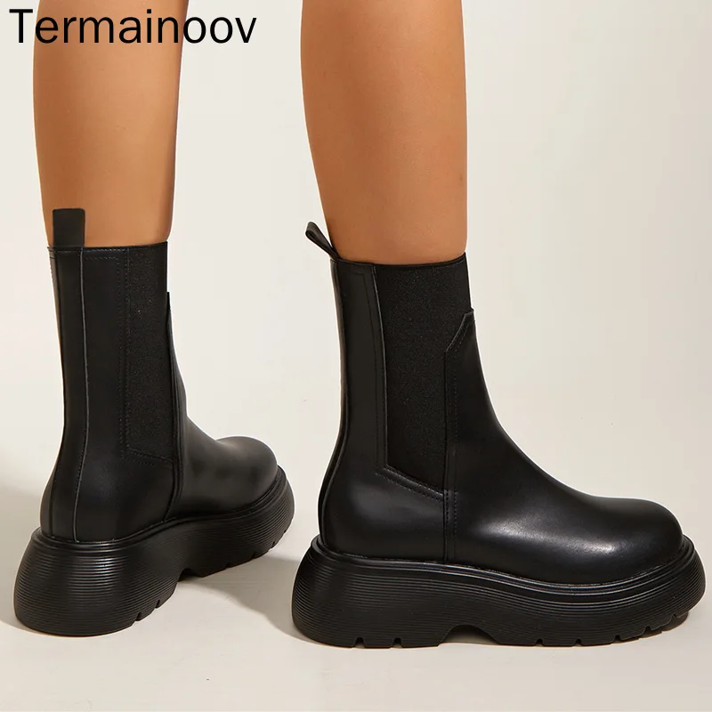 

Женские зимние ботинки Termainoov, Модные ботильоны с круглым носком, эластичные короткие ботинки на платформе, женские ботинки-мартинсы для про...