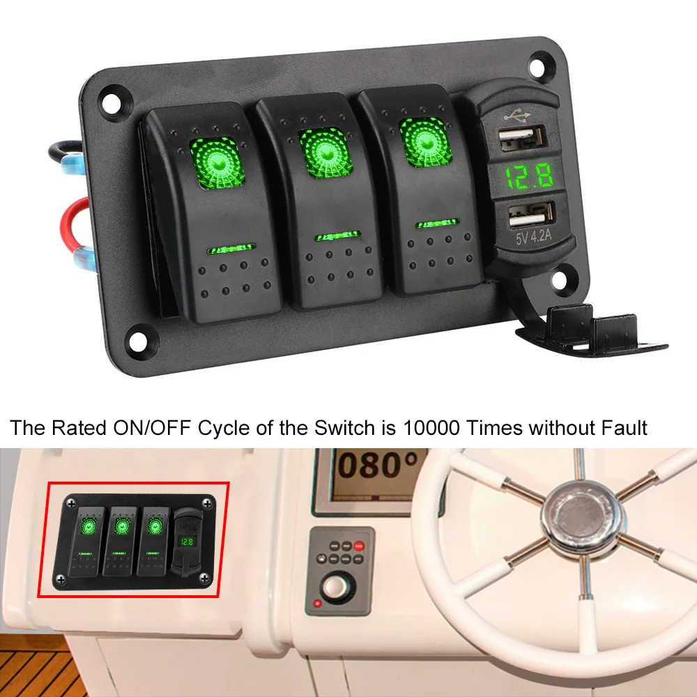 

Digital Voltmeter 3 Gang Switch Panel 12V-24V 4.2A Dual USB Slot Charger Circuit Breaker for Car SUV Marine RV Truck