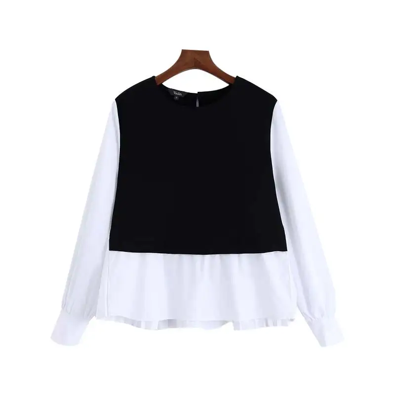 Vadim women fashion plaid patchwork blouse long sleeve O neck shirts female casual stylish tops blusas LB588 - Цвет: as picture