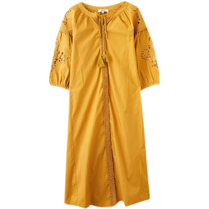 

COIGARSAM 3XL Plus Size Solid Women dress Loose Lantern Sleeve Tassel Hollow Out Dresses Yellow Orange 8931