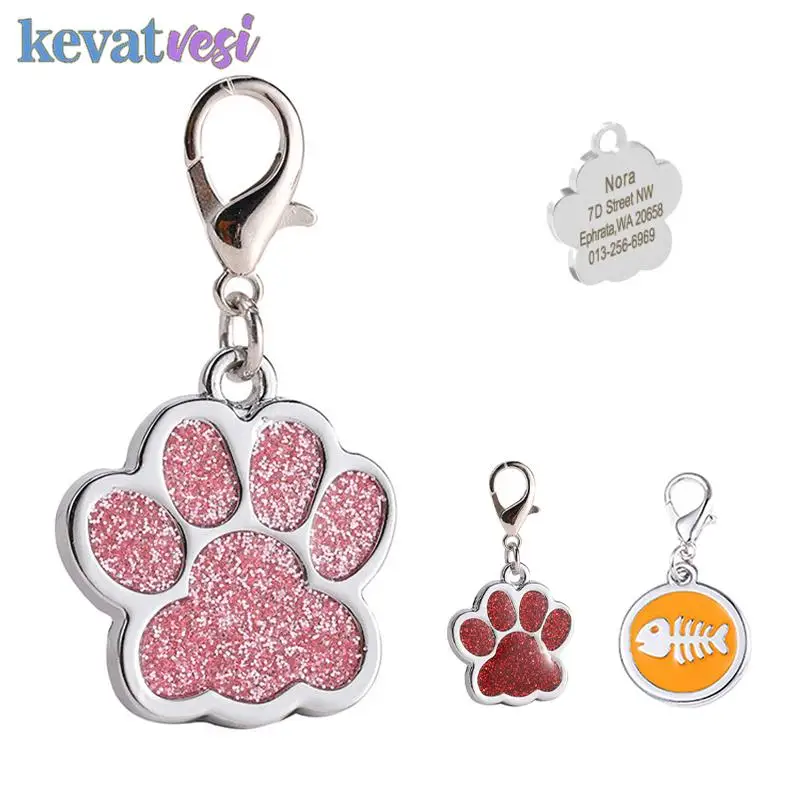

Personalized Dog Cat Tags Anti-Lost Id Tag Customized Pet Name Collar Paw Glitter Pendant Puppy Chihuahua Pet Accessories