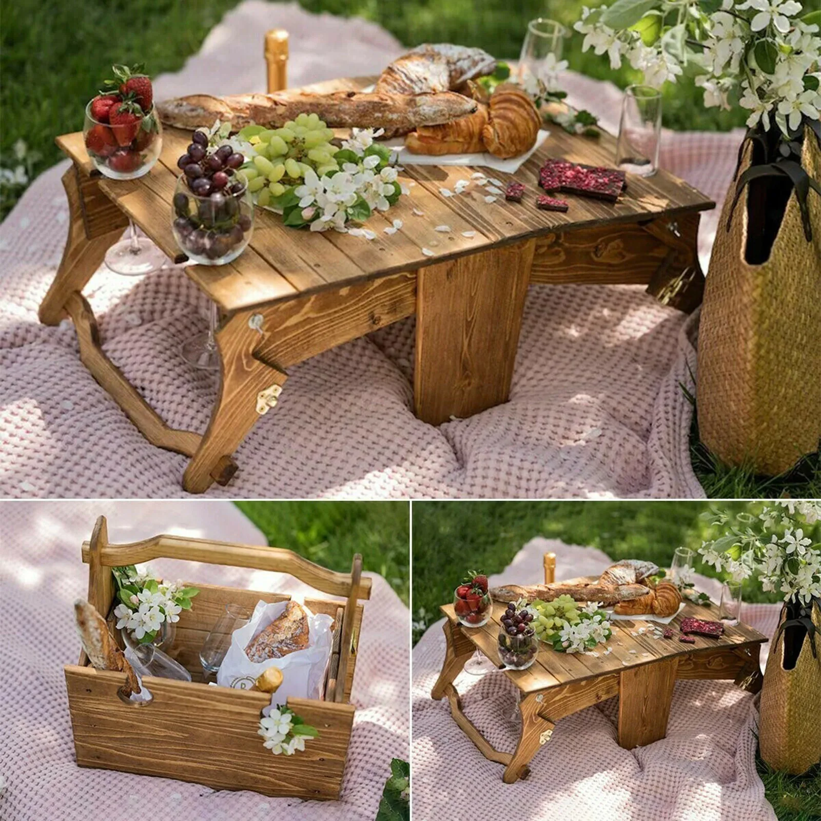 

Wooden Camping Blanket Table Easy Carry Picnic Folding Table Wine Picnic Table With Folding Legs Outdoors Camping Tables