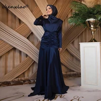 chenxiao navy blue evening dresses silky satin high neck full sleeve no decoration middle east dubai saudi arabia