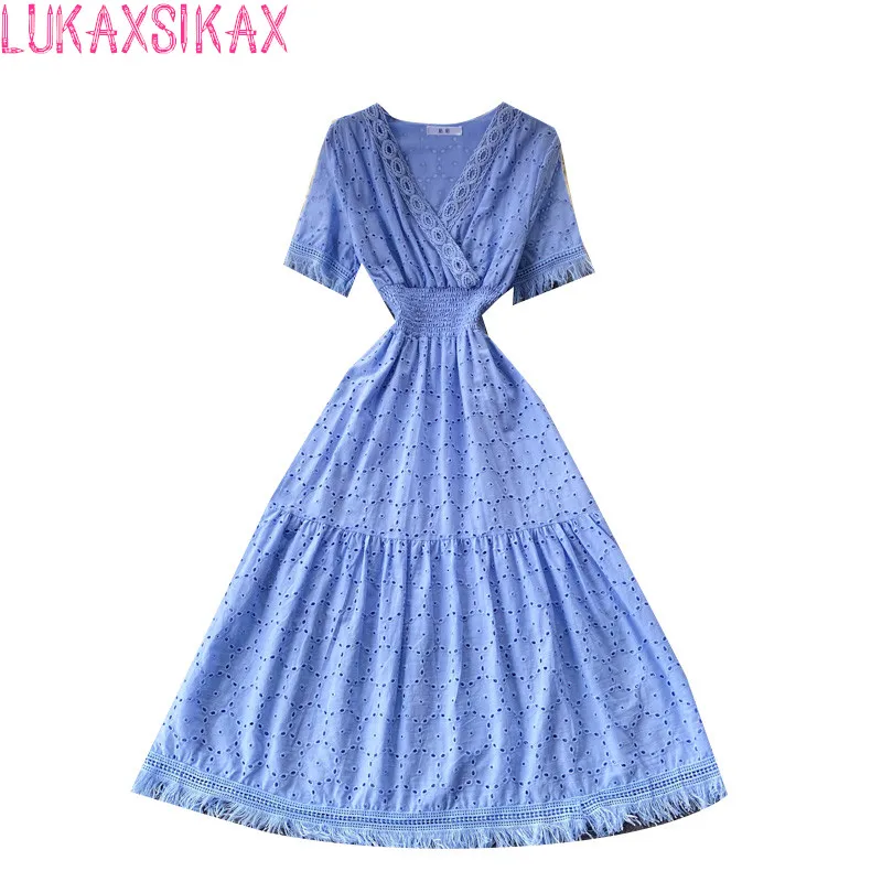 

LUKAXSIKAX New Summer Women Sexy V-Neck Short Sleeve Slim Long Dress High Quality Embroidery Hollow Out Tassel Elegant Dress