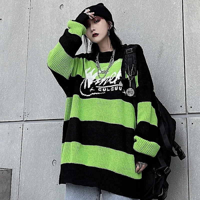 

Women's sweater stripe letter casual tops harajuku pullover autumn dropshipping vintage punk Hip hop streetwear Korean clothing