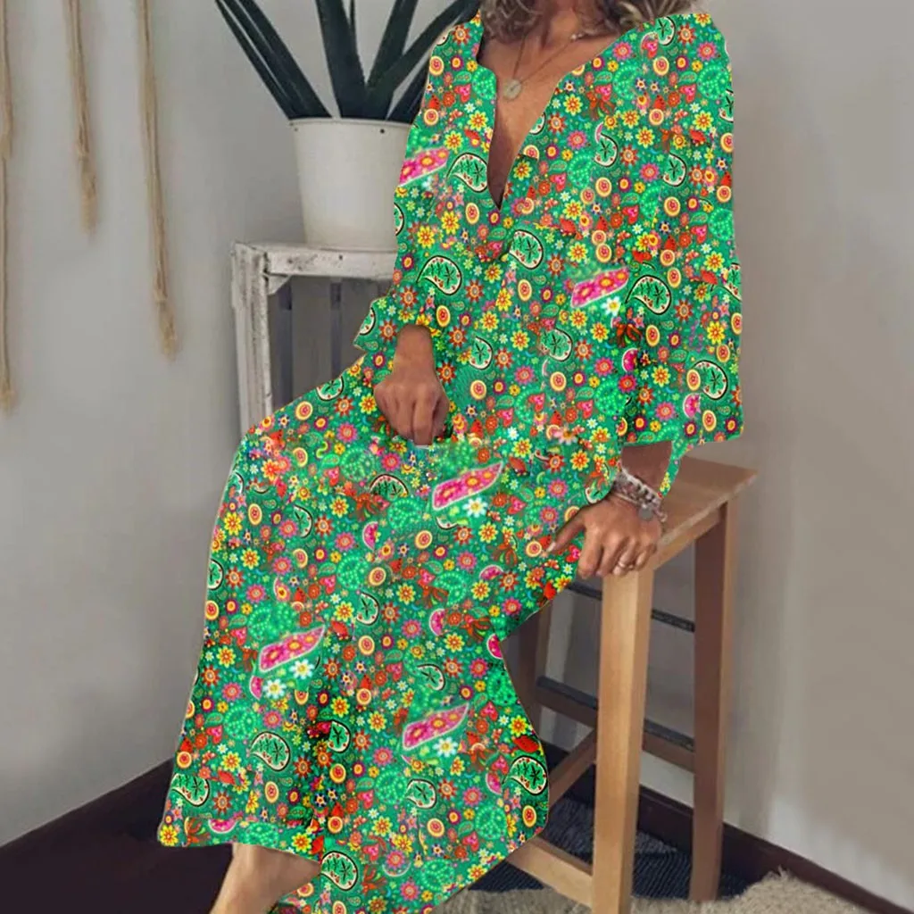 

Fashion Women's Beach Bohemia Print Floral V-Neck 3/4 Sleeve Long Dress Women Casual Patchwork 3/4 Sleeves V-Neck Button