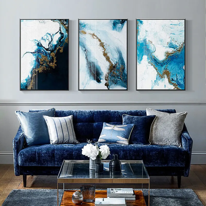 

Abstract Modern Wall Art Canvas Painting White and Blue Marble Texture Home Decoration Wall Poster Wall Painting For Living Room