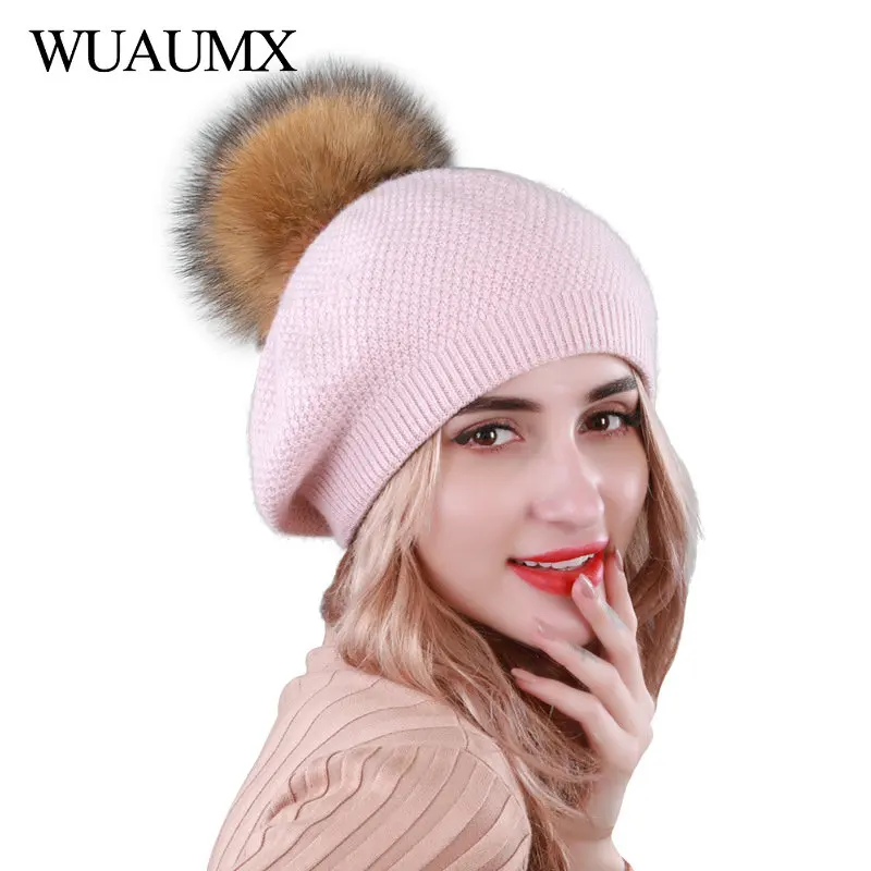 Wuaumx, модные зимние женские шапки, двойной слой, шерсть, вязаные шапочки, шапка, натуральный мех, помпон, шапки, теплые, Skullies, шапка для женщин