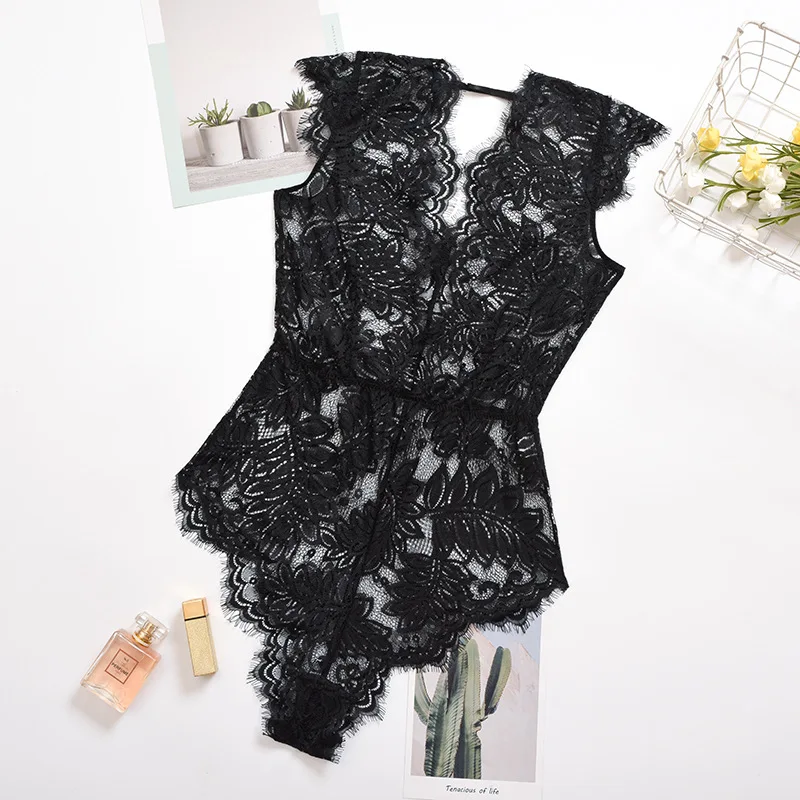 

Women's Lace Bodysuit Deep-v Body Overalls For Women Clothing Women 2020 Transparent Bodysuit Sexy Female Bodysuit