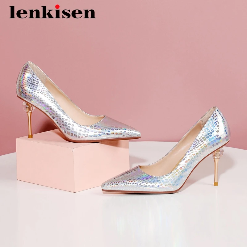 

Lenkisen hot nightclub fashion genuine leather big size handmade pointed toe super high heel slip on beauty lady women pumps L01