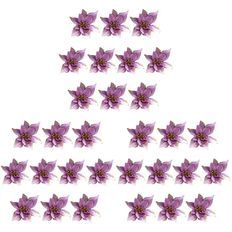 

30 pcs 13cm Glitter Artificial Wedding Christmas Flowers XMAS Tree Wreaths Decor Ornament (Purple)