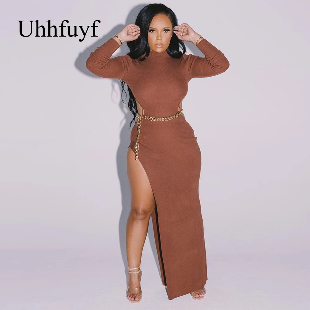 

Женское однотонное платье Uhhfuyf на весну и осень, юбка с длинным рукавом и разрезом, элегантное сексуальное платье с металлической цепочкой н...