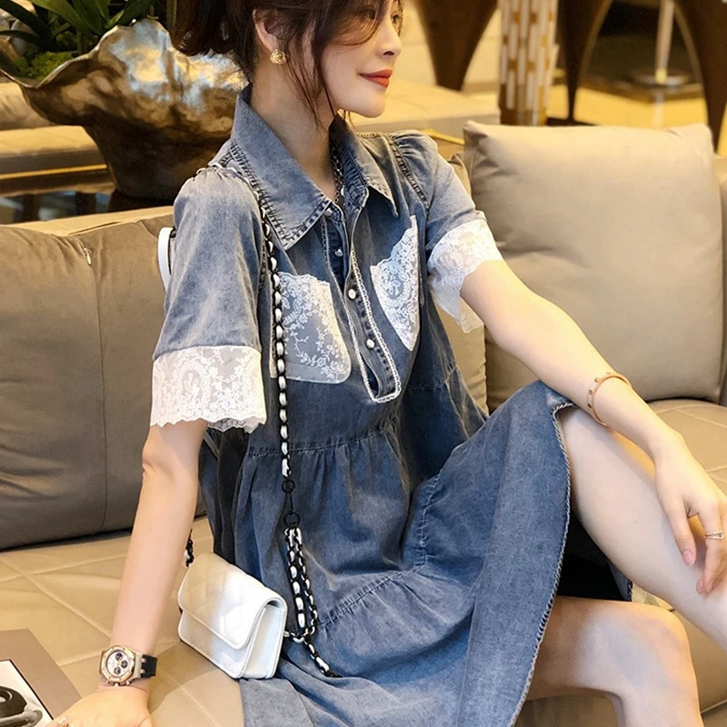 

European station net red blue denim dress women's 2021 summer new fashion lace stitching temperament shirt skirt