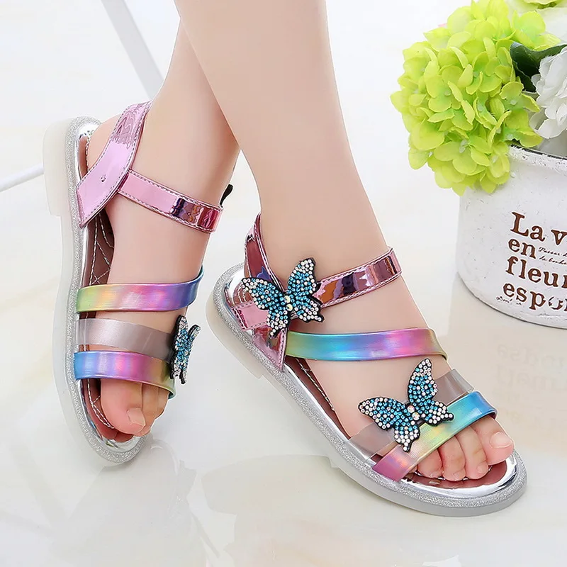 

Girl's Flats Shoes Kids Rhinestone Fashion Shoes Children's Butterfly Sandals 2021 Summer Footwear Round Toe Non-slip Sandals
