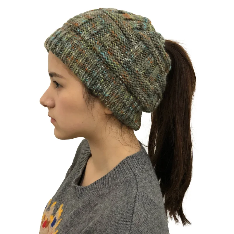Confetti Green Grey Мягкие вязаные конский хвост зимние шапки бини для женщин шерстяная шапка стрейч крючком грязный булочка Holey шляпа Повседневная Skullies Beanies шапка для девочек s - Цвет: Confetti Green Grey
