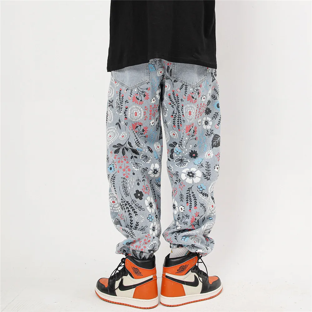 2021 New Arrival Flower Graffiti Print Straight Men Vintage Baggy Jeans Trousers Casual Drawstring Women Denim Pants Pantalones