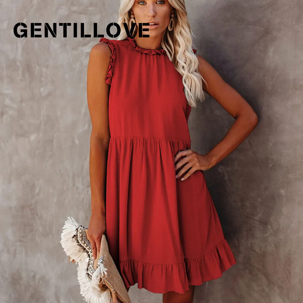 

Gentillove женское платье-трапеция повседневная короткая юбка-пачка платье с оборками без рукавов, с рюшами, с круглым вырезом и с открытыми плеч...