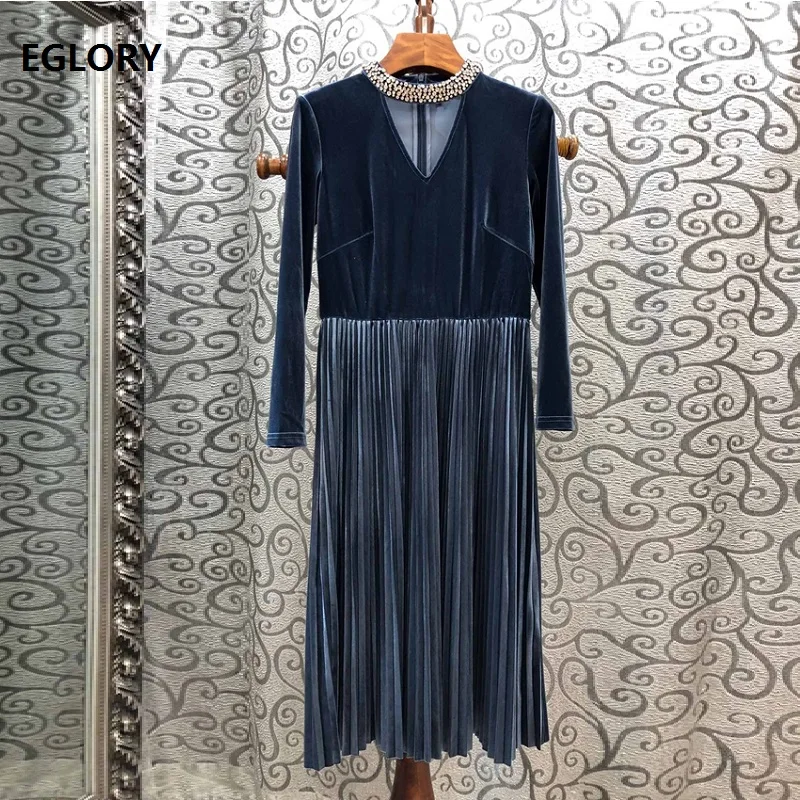 

Velvet Dress 2020 Autumn Winter Party Vestidos Women Beading Stand Neck Hollow Out Sexy Mid-Calf Length Pleated Dress Female