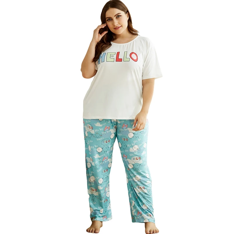 

Пижама женская большого размера, футболка с принтом и брюки, домашняя одежда, свободная повседневная одежда для сна, комплект из двух предме...