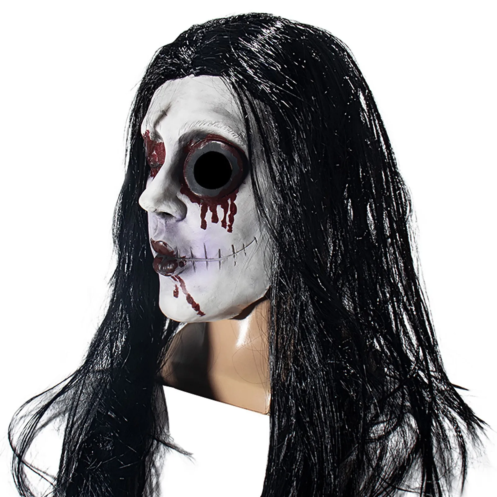 

Christmas Party Gift for Adult Kids Film Theme Zombie-Bad Face Halloween Scary Face Ghost Mask Creepy Black Long Wig Mask Party