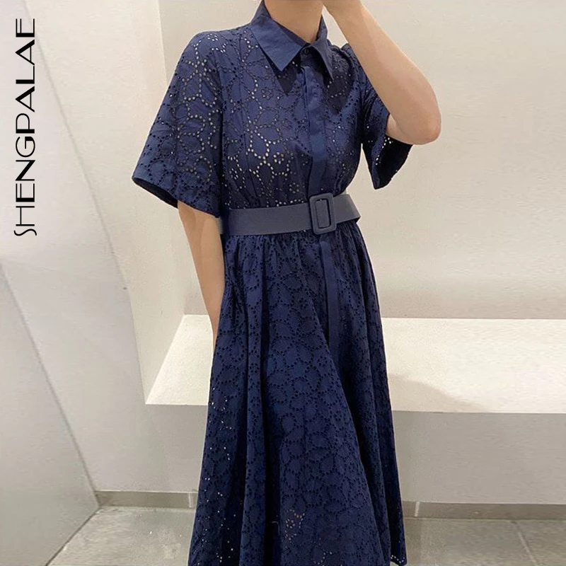 Женское винтажное платье с высокой талией SHENGPALAE тонкое элегантное ажурное макси