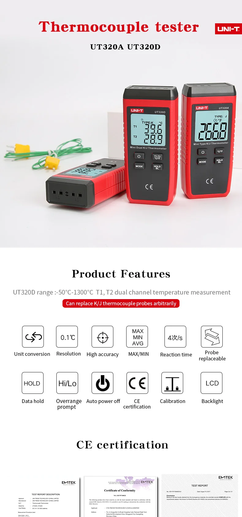Термометр UNI-T Термопара UT320D UT320A Тип мини-контакта Двухканальный K / J Измеритель температуры Подсветка данных Хранить в выключенном состоянии Авто