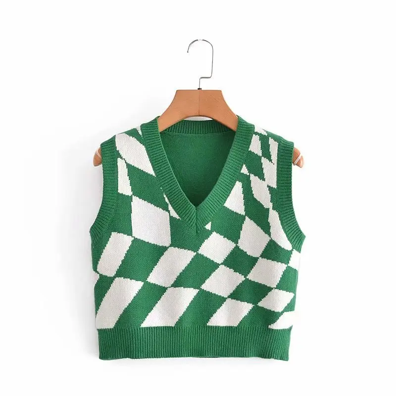

Autumn 2021 New Irregular Graphic V-neck Knitted Sweater Vest Vestwomen Loose Trendy Korean Style Sleeveless Outwear