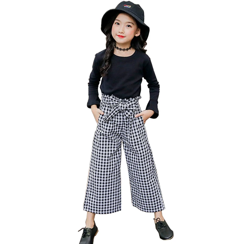 

Осенняя футболка с длинным рукавом, комплект одежды для девочек-подростков, детская одежда, 2 шт., черная футболка и клетчатые брюки, женские ...