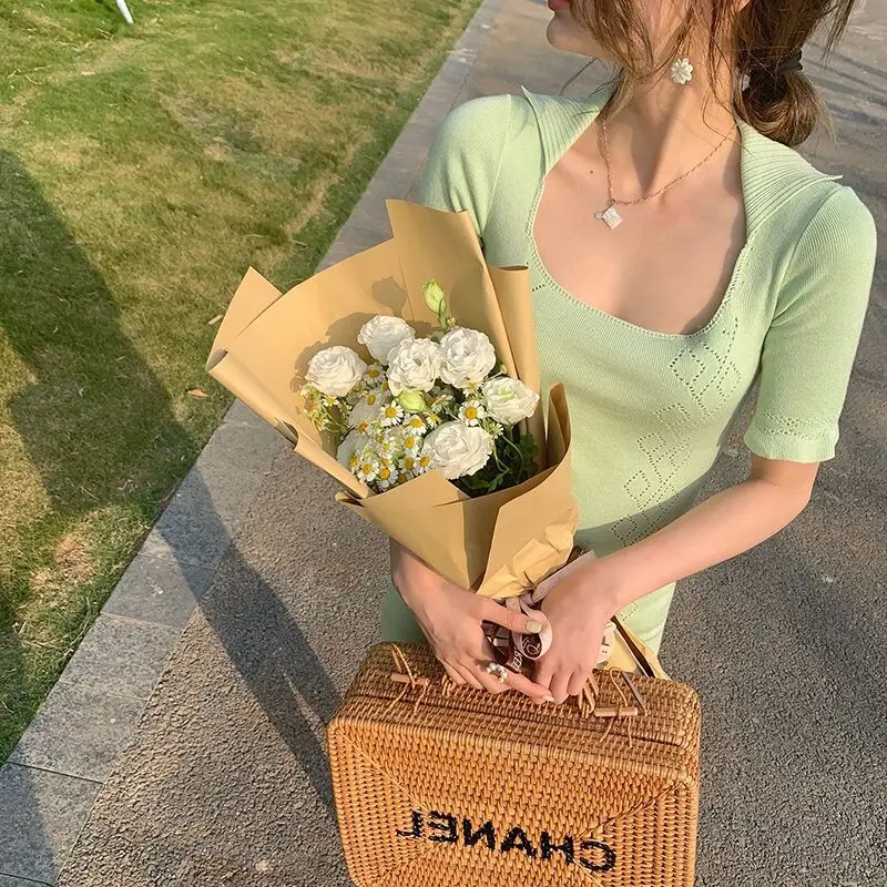 

New Summer 2021 Square Collar Women Knitted Slim Dress Short Sleeve Bottom Split Female Green Bodycon Sheath Sweater Knee Dress