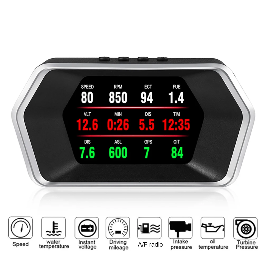 

OBD2+GPS Dual Mode Water Temperature Overspeed Voltage Security Alarm Multifunction RPM KM/H MPH Car HUD Head Up Display