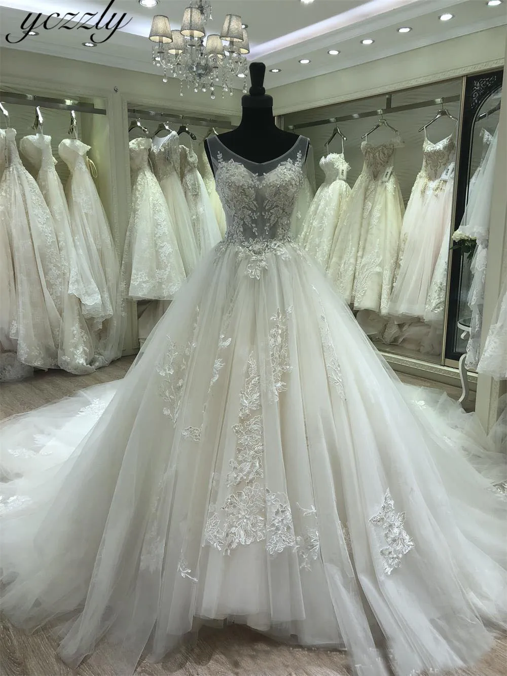 

Vestido De Noiva Princesa Elegant V-neck Ball Gown Lace Wedding Bridal Gowns Cathedral Train Long Appliques Bride Dresses 2019
