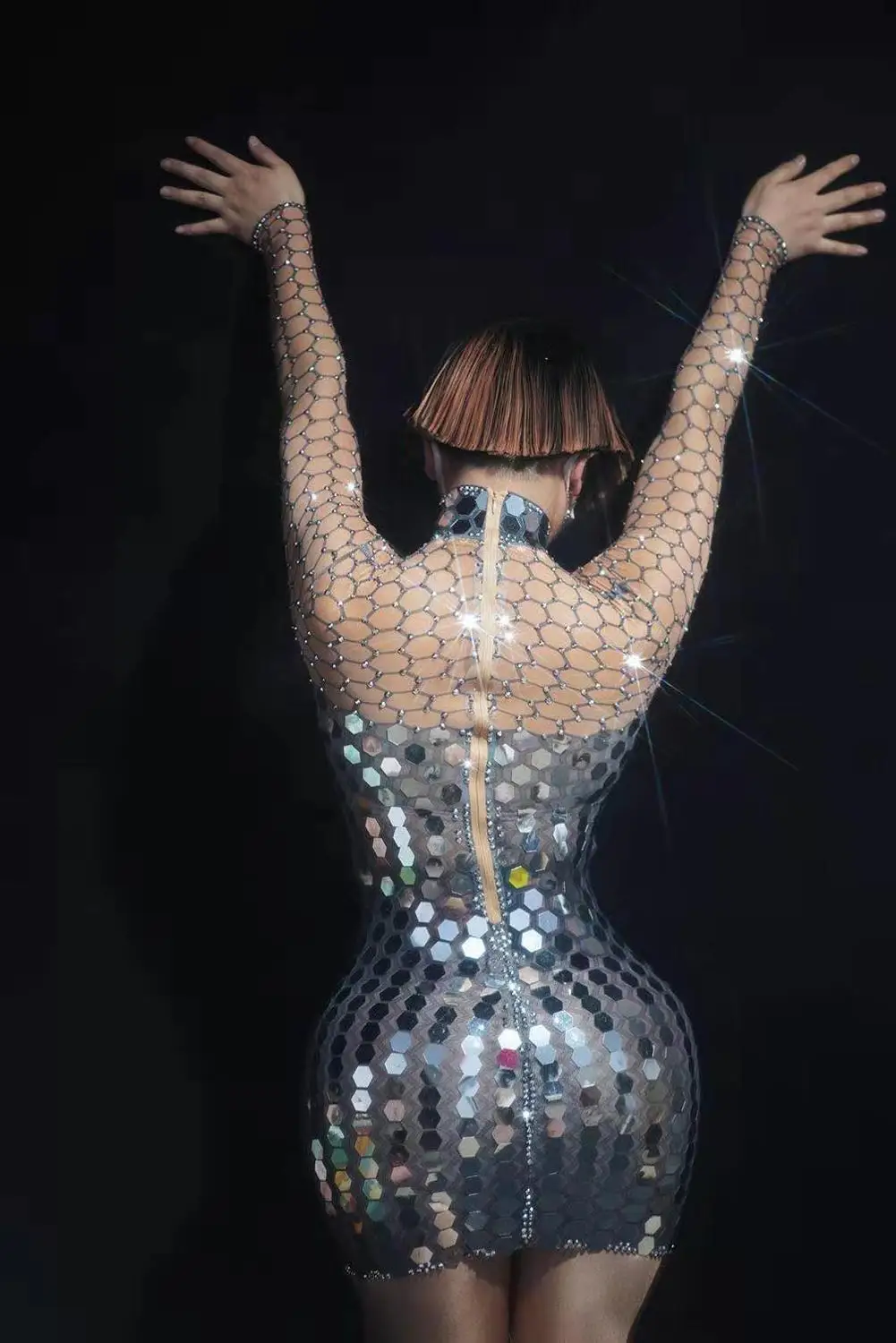 

Future Fashion Honeycomb Sequin Party Bodycon Dress Women Sexy Mesh Net Rhinestone Dress Club Celebration DJ Singer Stage Dress