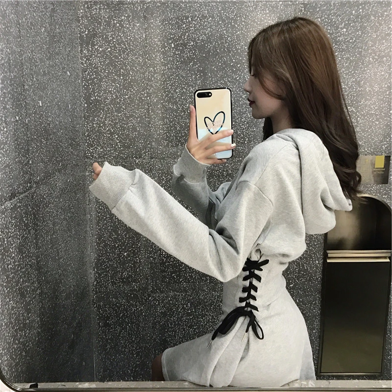 

Spring 2021 Hooded Dress Women Lace Up Waist Slim Black Gothic Dress Female Short Mini Harajuku Streetwear Vestidos