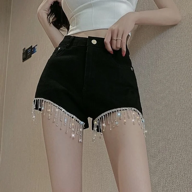 

2021 Spring Summer Denim Shorts Women Patchwork Tassel Chain High Waist Black Jeans Short Streetwear Fashion Tide Sexy Y628
