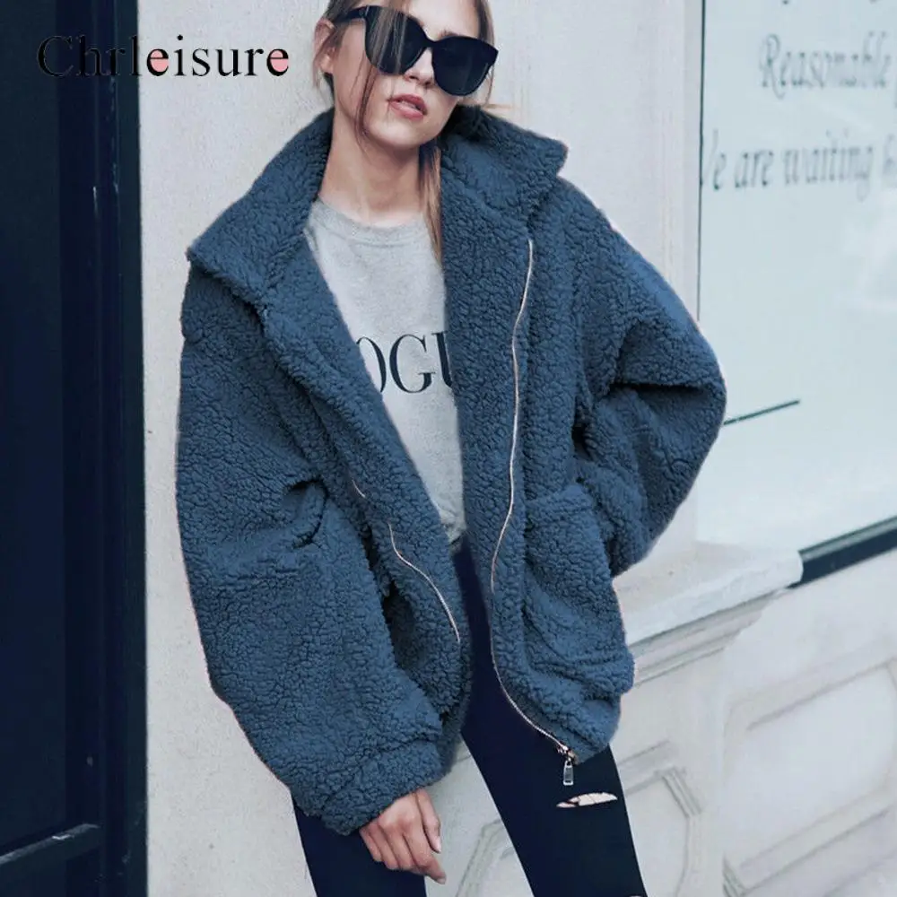 Женская однотонная плюшевая куртка пальто с отворотом Толстая 2019 зимняя теплая