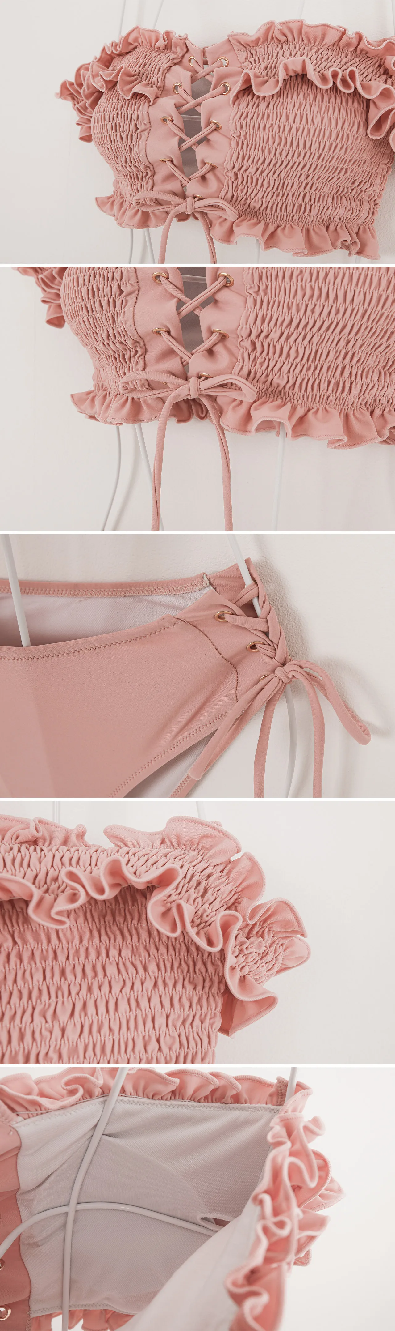 

2021 New Female Swimsuit Pink Slit Sexy Bikini Women's Conservative Sweet Shoulder Swimsuit Spa Beach Sports Swimsuit