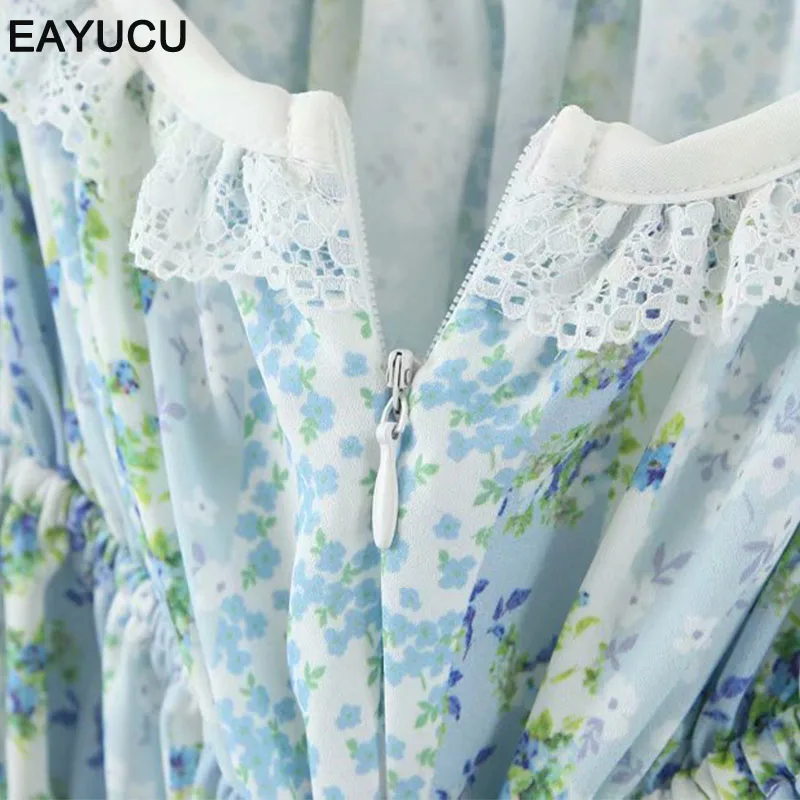 

EAYUCU 2020 Women Floral Square Collar Lace Lantern Sleeve Shirt Retro Elastic Ruffles Bandaged Short Blouse Summer Tops ET069