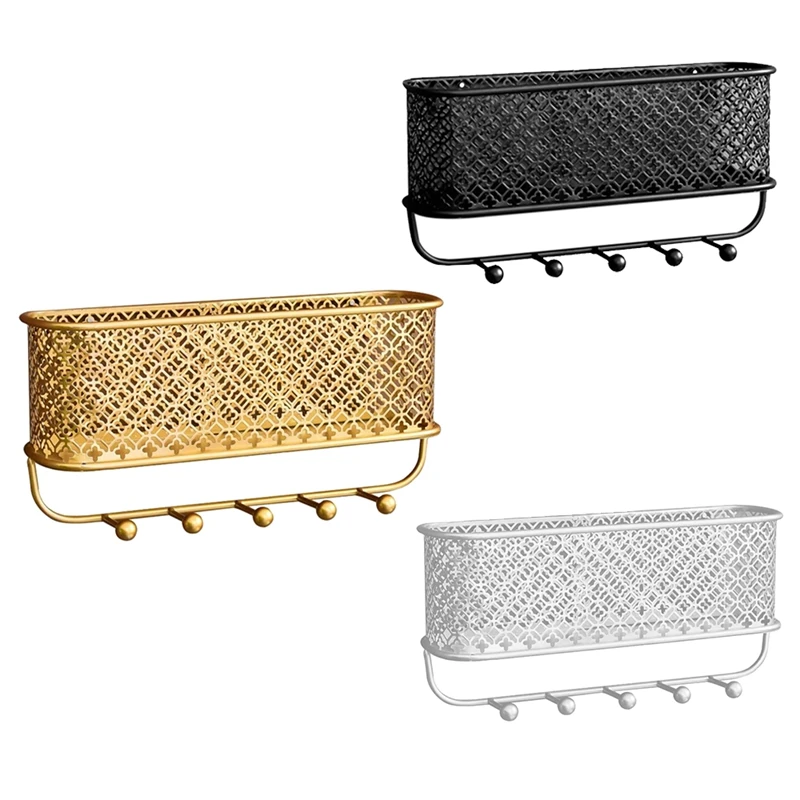 

Wall Mounted Metal Storage Basket,Key and Mail Holder with 5 Hooks,Hat Coat Rack for Entryway,Living Room,Bedroom